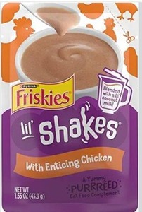 lot 9318 image: Purina Friskies Pureed Cat Food Topper, Lil&nbspShakes With Enticing Chicken Lickable Cat Treats - (Pack&nbspof 8) 1.55 oz. Pouches