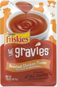 lot 9319 image: Purina Friskies Lil Gravies Roasted Chicken Flavor Cat Food Lickable Cat Treats - (Pack of 7) 1.55 oz. Pouches