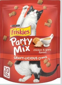 lot 9320 image: Purina Friskies Cat Treats, Party Mix Gravy-licious Crunch Chicken and Gravy Flavors - 2.1 oz. Pouch 10 pack