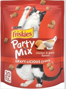 lot 9321 image: Purina Friskies Cat Treats, Party Mix Gravy-licious Crunch Chicken and Gravy Flavors - 2.1 oz. Pouch 10 pack