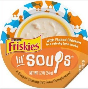 lot 9322 image: Purina Friskies Natural, Grain Free Wet Cat Food Lickable Cat Treats, Lil Soups Flaked Chicken - (Pack of 8) 1.2 oz. Tubs