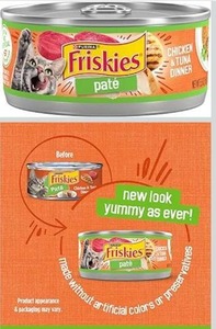 lot 9323 image: Purina Friskies Wet Cat Food Pate, Chicken and Tuna Dinner and chicken dinnerand Gravy- (Pack of 24) 5.5 oz. Cans
