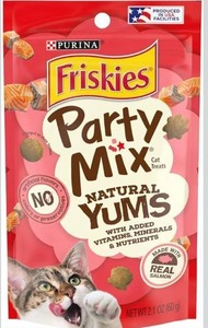lot 9324 image: Purina Friskies Natural Cat Treats, Party Mix Natural Yums With Real Salmon and Vitamins, Minerals & Nutrients - (Pack of 10) 2.1 Oz. Pouches