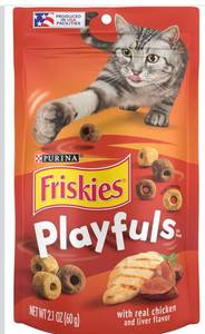 lot 9325 image: Purina Friskies Playfuls With Chicken and Liver Flavor Cat Treats - (Pack of 9) 2.1 oz. Pouches