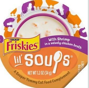 lot 9329 image: Purina Friskies Grain Free Lickable Cat Food Toppers Lil&nbspSoups With Shrimp in a Velvety Chicken Broth - (Pack of 8) 1.2 oz. Cups