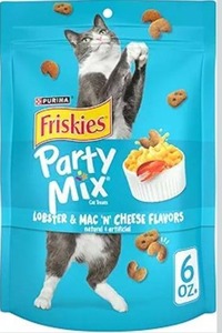 lot 9335 image: Purina Friskies Cat Treats, Party Mix Lobster & Mac N Cheese Flavors - (Pack of 6) 6 oz. Pouches