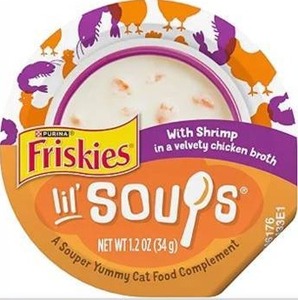 lot 9340 image: Purina Friskies Grain Free Lickable Cat Food Toppers Lil&nbspSoups With Shrimp in a Velvety Chicken Broth - (Pack of 8) 1.2 oz. Cups
