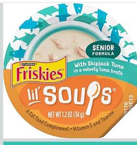 lot 9348 image: Purina Friskies Grain Free Senior Lickable Cat Food Toppers Lil&nbspSoups with Skipjack Tuna in a Velvety Tuna Broth - (Pack of 8) 1.2 oz. Cup