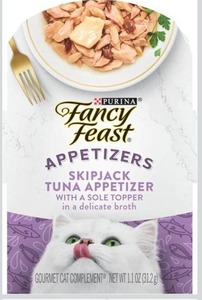 lot 9351 image: Purina Fancy Feast Appetizers Lickable Grain Free Wet Cat Food Topper Skipjack Tuna Appetizer with Sole - (Pack of 10) 1.1 oz. Trays