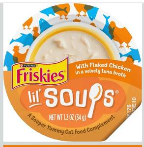 lot 9353 image: Purina Friskies Natural, Grain Free Wet Cat Food Lickable Cat Treats, Lil Soups Flaked Chicken - (Pack of 8) 1.2 oz. Tubs