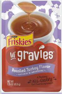 lot 9355 image: Purina Friskies Lil Gravies Roasted Turkey Flavor Cat Food Lickable Cat Treats - (Pack of 16) 1.55 oz. Pouches