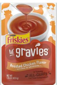 lot 9363 image: Purina Friskies Lil Gravies Roasted Chicken Flavor Cat Food Lickable Cat Treats - (Pack of 16) 1.55 oz. Pouches