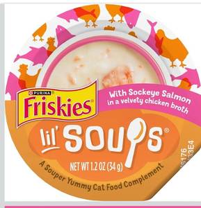 lot 9366 image: Purina Friskies Grain Free Lickable Cat Food Toppers Lil&nbspSoups With Sockeye Salmon in Chicken Broth - (Pack of 8) 1.2 oz. Cups