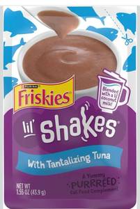 lot 9369 image: Purina Friskies Pureed Cat Food Topper, Lil&nbspShakes With Tantalizing Tuna Lickable Cat Treats - (Pack of 16) 1.55 oz. Pouches