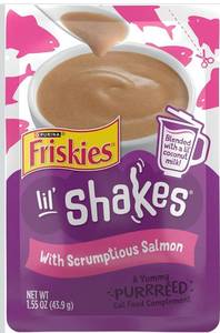 lot 9371 image: Purina Friskies Pureed Cat Food Topper, Lil&nbspShakes With Scrumptious Salmon Lickable Cat Treats - (Pack of 13) 1.55 oz. Pouches