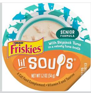 lot 9372 image: Purina Friskies Grain Free Senior Lickable Cat Food Toppers Lil&nbspSoups with Skipjack Tuna in a Velvety Tuna Broth - (Pack of 8) 1.2 oz. Cup