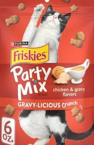 lot 9376 image: Purina Friskies Cat Treats, Party Mix Gravy-licious Crunch Chicken and Gravy Flavors - (Pack of 6) 6 oz. Pouches