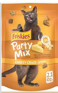 lot 9379 image: Purina Friskies Cat Treats, Party Mix Cheezy Craze Crunch - (Pack of 11) 2.1 oz. Pouches