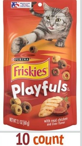 lot 9380 image: Purina Friskies Playfuls With Chicken and Liver Flavor Cat Treats - (Pack of 10) 2.1 oz. Pouches