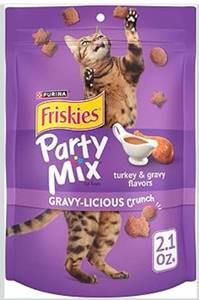 lot 9384 image: Purina Friskies Cat Treats, Party Mix Gravy-licious Crunch Turkey and Gravy Flavors - (Pack of 10) 2.1 oz. Pouches