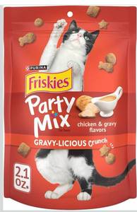 lot 9385 image: Purina Friskies Cat Treats, Party Mix Gravy-licious Crunch Chicken and Gravy Flavors - (Pack of 10) 2.1 oz. Pouches