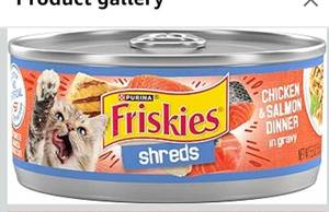 lot 9399 image: Purina Friskies Shreds Chicken and Salmon Dinner in Wet Cat Food Gravy - (Pack of 24) 5.5 oz. Cans