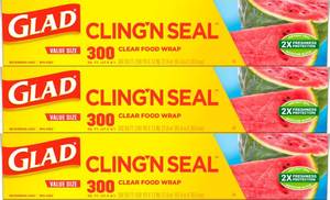 lot 9458 image: Glad Cling N Seal Plastic Wrap for Food, Airtight Seal, 300 Square Foot Roll (Pack of 3)