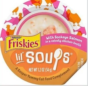 lot 9459 image: Purina Friskies Grain Free Lickable Cat Food Toppers Lil&nbspSoups With Sockeye Salmon in Chicken Broth - (Pack of 5) 1.2 oz. Cups and 3 with shrimp