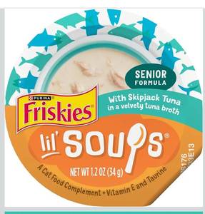 lot 9462 image: Purina Friskies Grain Free Senior Lickable Cat Food Toppers Lil&nbspSoups with Skipjack Tuna in a Velvety Tuna Broth - (Pack of 4) 1.2 oz. Cup
