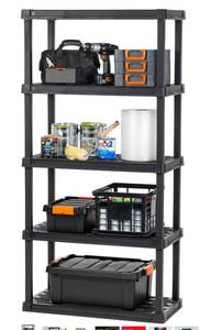 lot 9465 image: Maxit 5-Shelf Heavy Duty Plastic Storage Shelves, 750lb Capacity, 73 H x 36 W x 18 D,