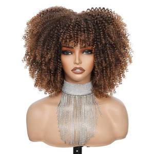lot 9469 image: Charming cascade Afro Curly Wig with Bangs, 11 Inch Voluminous Natural Curly Synthetic Fiber Glueless Curly Bob Wigs for Black Women Fluffy Ready to Go Ombre Brown