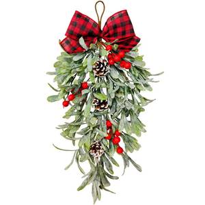 lot 9480 image: Knitgrip 20 Inch Large Christmas Mistletoe Teardrop Swags Decor Christmas Holiday Kissing Mistletoe Artificial Hanging Bouquet Xmas Ornament with Sprigs Red Berries for Xmas Holiday Decor