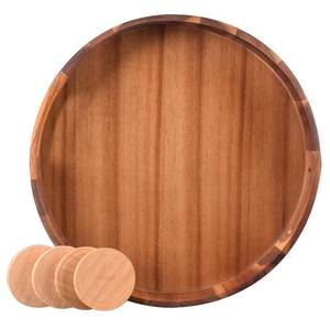 lot 9486 image: Large Round Wood Serving Tray, Wooden Trays with Handles for Ottoman Table, Vintage Acacia Tray Circle Wood Tray for Indoor Outdoor Organization and Decoration, Including 4 Round Wooden Coasters