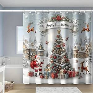 lot 9504 image: CALMDR Merry Christmas Shower Curtain Set,Santa Claus Elk Snowflake Xmas Tree Winter Snowy Scenery Washable Durable Fabric,72X72inches Includes 12 Hooks