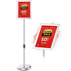 lot 9508 image: RedChili Adjustable Sign Holder Stand for 8.5x11 Inch Poster, Floor Standing Sign Holder With Snap-Open Aluminum Frame 360° Rotating Display Outdoor Indoor Signage Stand for Advertising (Silver, Sharp Corner)