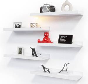 lot 9529 image: RICHER HOUSE 5 Set White Floating Shelves, Wall Mounted Shelves for Wall Decor, Modern Picture Ledge Shelf with Lip for Storage Nursery, Bedroom, Living Room, Bathroom - White
