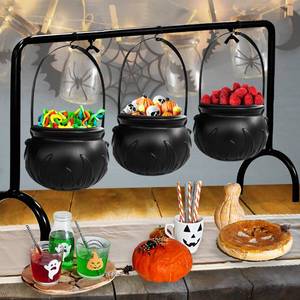 lot 9532 image: Zddaoole Halloween Cauldrons Serving Bowl Decor,Set of 3 Hanging Black Plastic Cauldron Bowls on Rack,Candy Punch Bowl Halloween Witches Cauldron for Home Kitchen Hocus Pocus Party Decorations Indoor