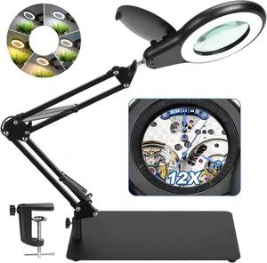 lot 9542 image: 12X Magnifying Glass with Light and Stand, Magnifier with Light Hands Free, Lighted LED Magnifying Lamp Stepless Dimming Magnifying Desk Lamp Dust Cover Design for Crafts Repair Art Close Work