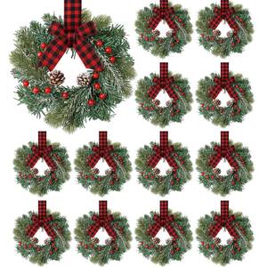 lot 9544 image: Jexine 12 Pieces Mini Christmas Wreaths for Kitchen Cabinet Small Christmas Candle Rings Wreaths Pillars Candle Rings Table Centerpieces Hanging Garlands for Front Door Window Decor (No Red Ribbon)