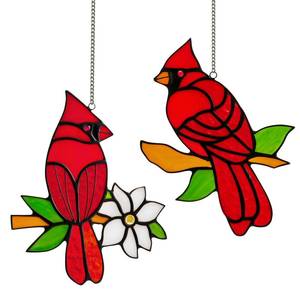 lot 9547 image: Calmpathz 2-Pack Handmade Cardinal Stained Glass Window Hanging Suncatchers �� Memorial Gifts for Women, Bird Lover Gifts, Colorful Sun Catcher Window Decor with Suction Hooks, Ready to Gift