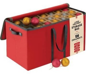 lot 9553 image: Large 128 Christmas Ornament Storage Box, Adjustable Compartment Dividers, Dual Zipper, Stackable Holiday Decorations Organizer with Lid, Xmas Durable Fabric Bin, Reinforced Handles Space-Saving (Red)