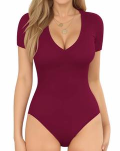 lot 9566 image: MANGOPOP V Neck Bodysuits for Women Short Sleeve Body Suits Basic Top Casual Shirt, Burgundy, Medium
