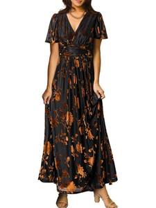 lot 9574 image: Simplee Womens Fall Wedding Guest Velvet Maxi Dress Burnout Floral Empire Waist V Neck Short Sleeve Long Formal Dress (Brown Floral L)