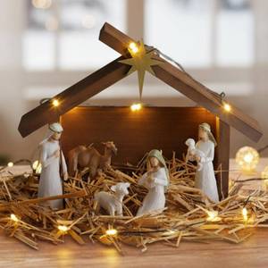 lot 9587 image: Pinkunn 2 Sets Christmas Nativity Manger 10.6 Inch Nativity Stable with LED Light Roof Star Wooden Manger Scene Creche for Christmas Christian Religious Gifts Xmas Stable Home Desk Decor