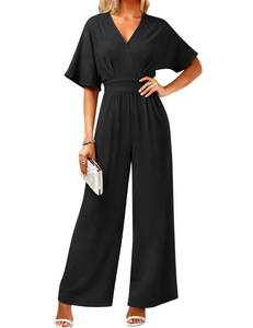 lot 9598 image: LOOKBOHO Womens Jumpsuits Dressy Elegant Batwing Sleeve V Neck One Piece Wide Leg Sexy Long Pants Romper Black L