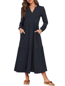 lot 9599 image: ANRABESS Womens Long Sleeve Maxi Dresses 2026 Spring Casual V Neck Flowy Tiered Boho Modest Vacation Dress with Pockets Navy Blue Large