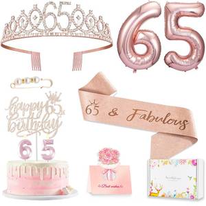 lot 9608 image: 65th Birthday Gifts Decorations for Women, Including 65 year old Birthday Cake Topper,Queen Sash with Pearl Pin, Sweet Rhinestone Tiara Crown, Number Candles and Balloons Set, Rose Gold