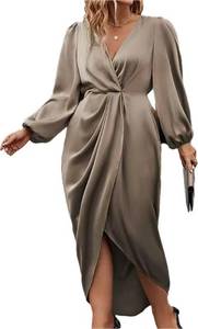 lot 9612 image: VANCOL Womens V Neck Satin Bridesmaid Dresses with Sleeves Slit A Line Long Formal Dress Party Gowns��Champagne S