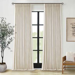 lot 9617 image: Pleated Cream Beige Linen Blackout Curtains for Bedroom 90 Inch Length 2 Panels Pinch Pleat Back Tab Neutral Farmhouse Living Room Darkening Curtains Track System Thermal Insulated Black Out Drapes