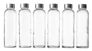 lot 9623 image: Epica Clear Glass Bottles with Lids, 18oz Resuable Glass Water Bottles for Juicing with Stainless Steel Cap to store Milk, Smoothie, etc., 100% Leak Proof, Durable and Dishwasher Safe (Set of 6)